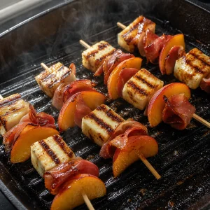 Spiedini di halloumi, pesca e prosciutto sulla bistecchiera