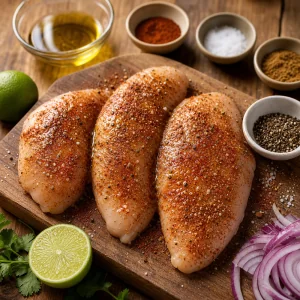 Blancs de poulet frottes aux epices chile sur une planche