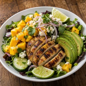 Salade tiede de poulet grille et mangue prete a servir