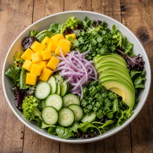 Jeunes pousses avec mangue, avocat, concombre, oignon et coriandre