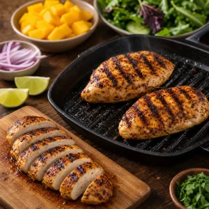 Poulet grille marque et tranche sur une planche