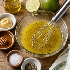 Vinaigrette au citron vert fouettee dans un petit bol