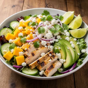 Salade de poulet et mangue garnie de feta et quartiers de citron vert