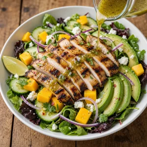Tranches de poulet grille sur salade de mangue assaisonnee