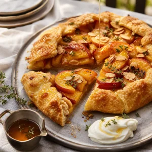 Angeschnittene Pfirsich-Galette mit Thymianhonig und Joghurt