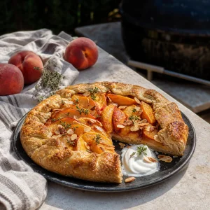 Grilled peach almond galette with yogurt and thyme