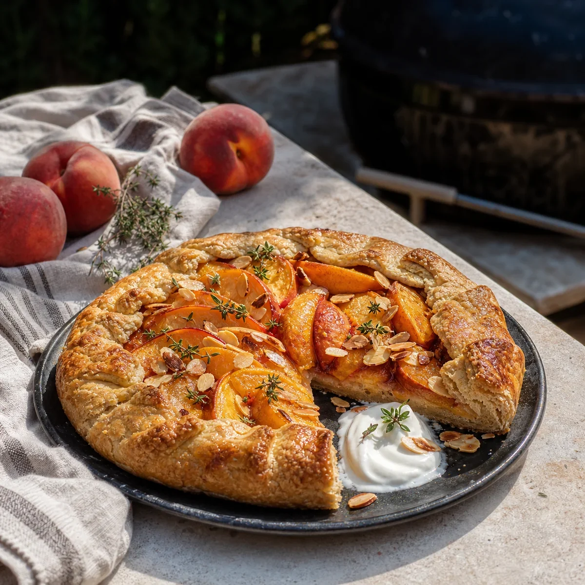 Pfirsich-Mandel-Galette mit Joghurt und Thymian