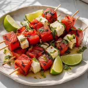 Brochettes glacées de pastèque et feta avec quartiers de citron vert