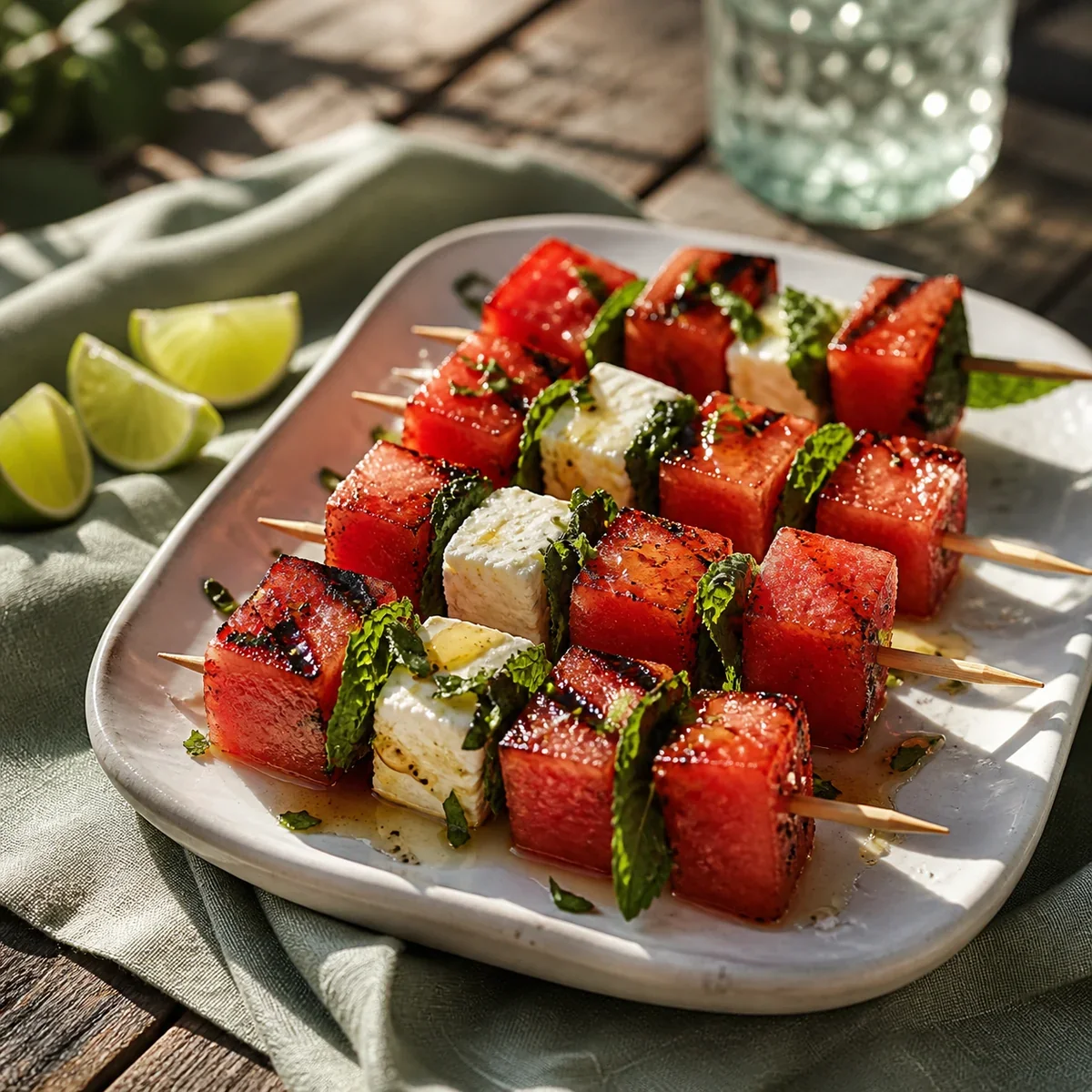 Brochettes de pastèque grillée avec feta, menthe et citron vert