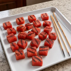 Cubes de pastèque grillée refroidissant sur un plateau