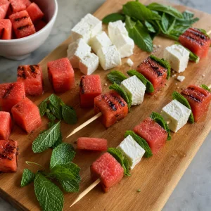 Pastèque grillée, feta et menthe assemblées sur des brochettes