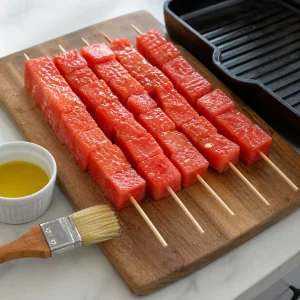 Pastèque enfilée sur des brochettes et huilée