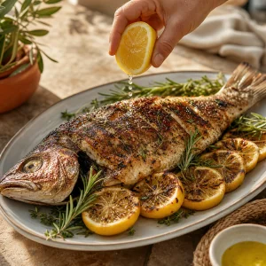 Grilled whole fish on a platter finished with fresh lemon juice and herbs