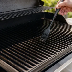 Hot grill grates brushed lightly with oil before cooking the fish