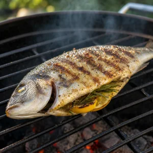 Stuffed whole fish cooking undisturbed on hot grill grates until golden