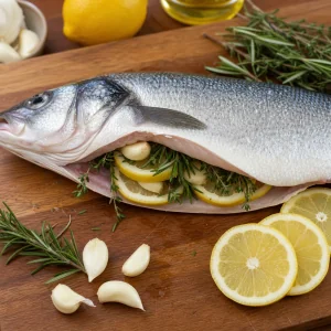 Whole fish cavity stuffed with lemon slices garlic rosemary and thyme