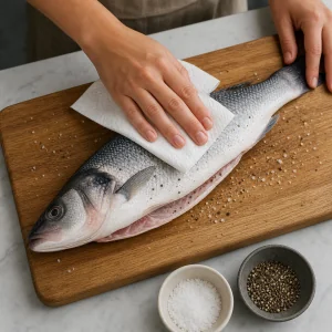 Whole fish patted dry with paper towels and seasoned with salt and pepper