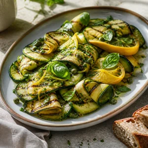 Gegrillte Zucchini-Antipasti mit Zitrone, Basilikum und Kapern auf einer Keramikplatte