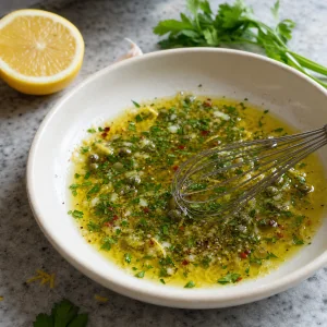 Marinada de limão e ervas com alcaparras e salsa em uma travessa rasa