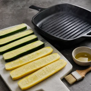 Lâminas de abobrinha com azeite prontas junto a uma frigideira de grelha quente