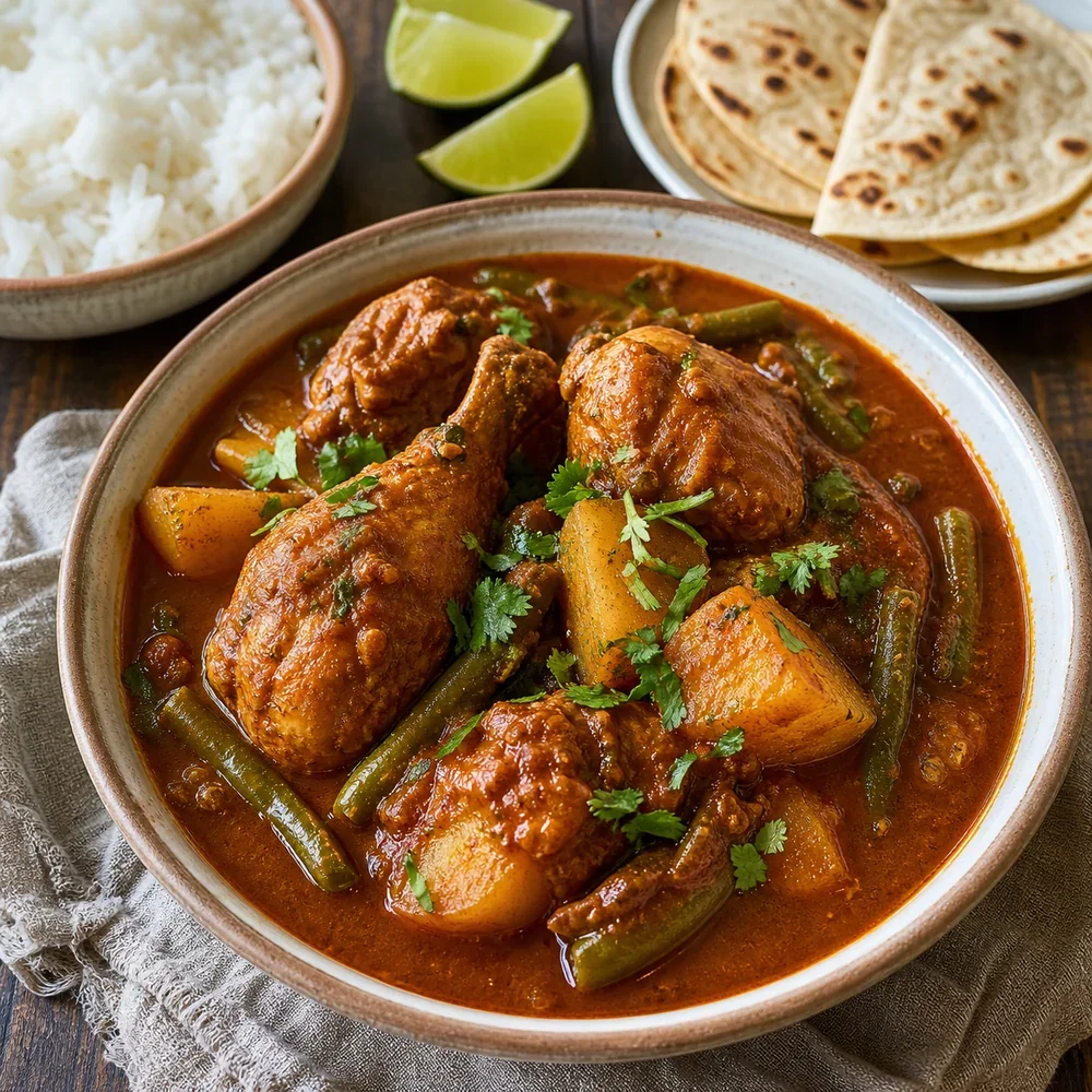 Bowl of Guatemalan pepian chicken stew with rice, tortillas, lime, and cilantro