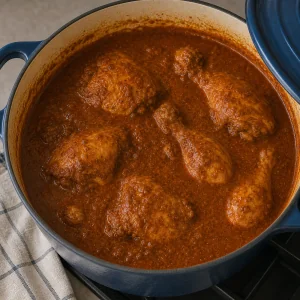 Chicken pieces simmering in pepian sauce
