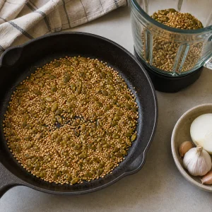 Pumpkin seeds and sesame seeds toasting in a dry skillet