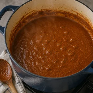 Reddish pepian sauce simmering in a Dutch oven