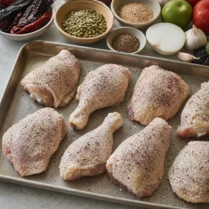Seasoned raw chicken pieces on a prep tray