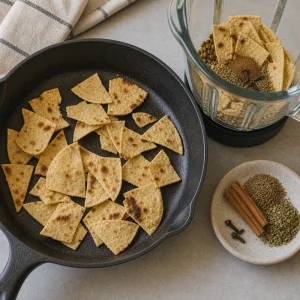 Toasted tortilla pieces with spices beside a blender