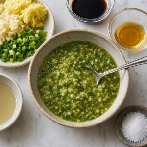 Bowl of ginger-scallion sauce with minced aromatics and seasonings