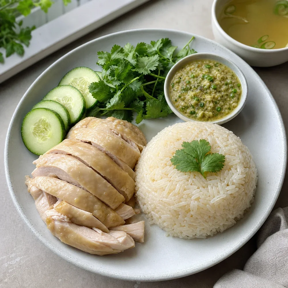Hainanese chicken rice with sliced poached chicken, rice, cucumber, ginger-scallion sauce, and broth