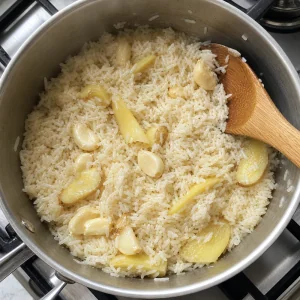 Jasmine rice stirred with ginger and garlic in a saucepan