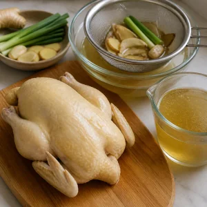 Poached chicken resting beside strained golden chicken broth