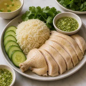 Sliced poached chicken arranged with rice, cucumber, cilantro, and ginger-scallion sauce