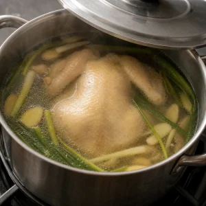 Whole chicken gently poaching in broth with ginger and scallions