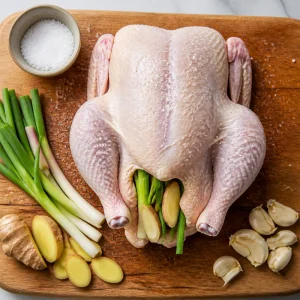 Whole chicken seasoned with salt and stuffed with ginger, scallions, and garlic