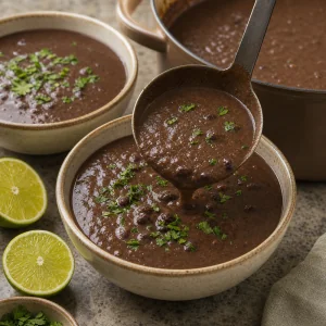 Black bean soup ladled into bowls with lime and fresh herbs