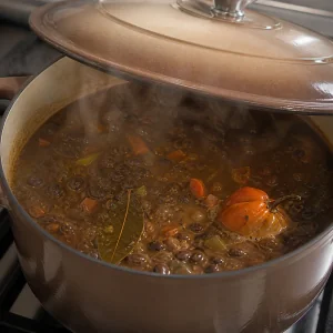 Black bean soup simmering under a slightly ajar lid