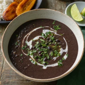 Finished black bean soup with coconut swirl, herbs, lime, rice, and fried plantains