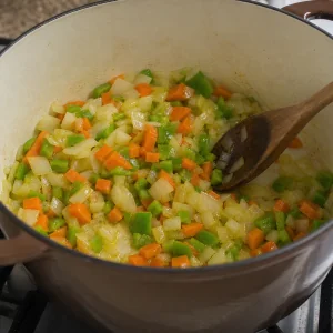 Onion, green bell pepper, and carrot softening in olive oil