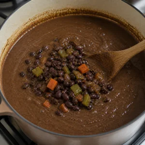 Reserved black beans and vegetables folded back into smooth soup
