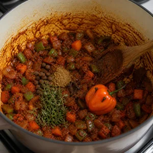Thyme, spices, and Scotch bonnet pepper added to tomato-coated vegetables