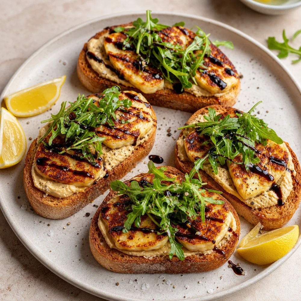 Finished halloumi toasts with hummus balsamic glaze arugula and lemon
