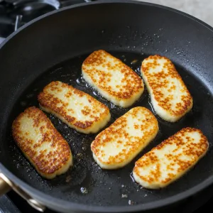 Plastry halloumi smażone na oliwie aż będą złociste