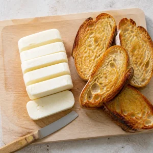 Pokrojony ser halloumi obok złocistego tostowanego chleba