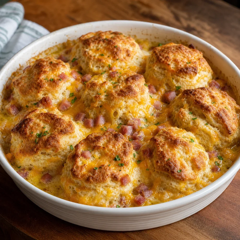 Biscuits au jambon et fromage termines avec dessus dores et cheddar fondu