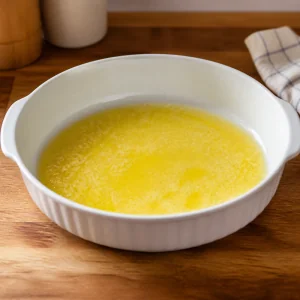Beurre fondu verse dans un plat rond pour biscuits butter swim