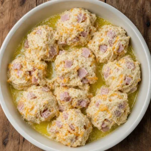 Cuillerees rustiques de pate au jambon et cheddar posees dans le beurre fondu