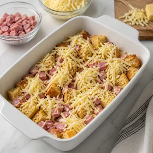 Cubetti di pane con prosciutto e gruyere grattugiato in una pirofila
